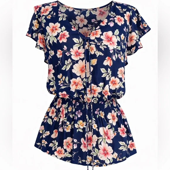 Bobeau Navy Floral Blouse – V-Neck Smocked Waist Blouse | Size Large - Picture 3 of 5